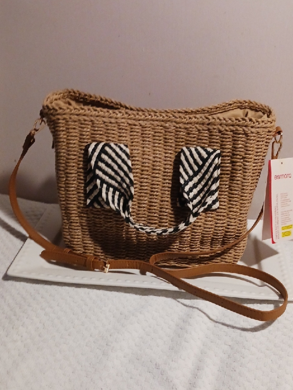Chic! Tan Woven Crossbody Bag with Black & White Weave Accent Handles
